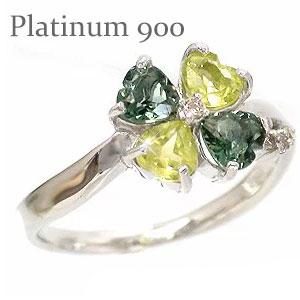 ピンキーリング 四葉 クローバー ペリドット グリーンクォーツ ダイヤモンドリング 0.04ct プラチナ900 小指 ファランジリング