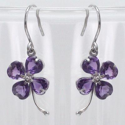 ピアス 14金 クローバー 四葉 よつば アメジスト 2月誕生石 K14ホワイトゴールド フック ドロップ レディース ジュエリー アクセサリー