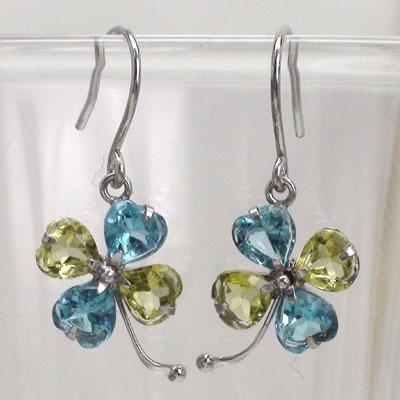 ピアス 14金 クローバー 四葉 よつば ペリドット ブルートパーズ 誕生石 K14ホワイトゴールド フック レディース ジュエリー アクセサリー