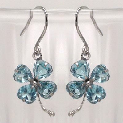 ピアス 14金 クローバー 四葉 よつば ブルートパーズ 11月誕生石 K14ホワイトゴールド フック ドロップ レディース ジュエリー