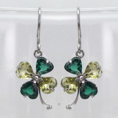 ピアス 14金 クローバー 四葉 よつば ペリドット グリーンクオーツ 誕生石 K14ホワイトゴールド フック ドロップ レディース ジュエリー