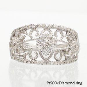 リング ダイヤモンド プラチナ900 0.5ct フラワー アンティーク ミル打ち 指輪 婚約指輪 刻印 レディース ジュエリー アクセサリー