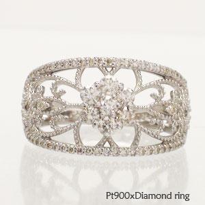 リング ダイヤモンド プラチナ900 0.5ct フラワー アンティーク ミル打ち 指輪 婚約指輪 刻印 レディース ジュエリー アクセサリー
