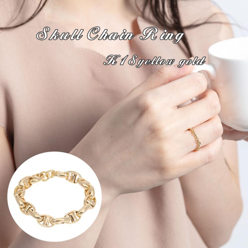 ピンキーリング チェーンリング 中空スカル 18金 18k k18 イエローゴールド クサリ 指輪 レディース ジュエリー アクセサリー プレゼント