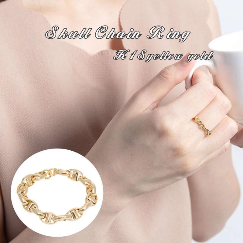 ピンキーリング チェーンリング 中空スカル 18金 18k k18 イエローゴールド クサリ 指輪 レディース ジュエリー アクセサリー プレゼント