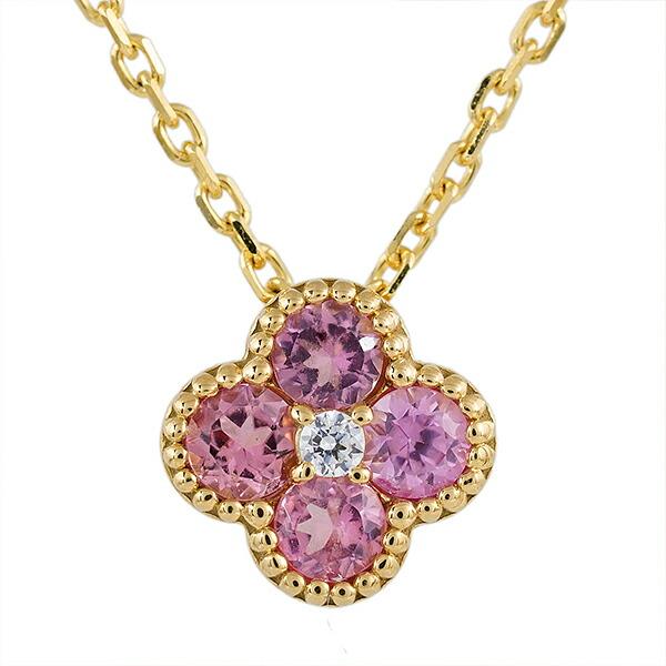 ネックレス カラーストーン クローバー 四葉 ダイヤモンド ダイヤ 18金 イエロー ピンク ホワイトゴールド 誕生石 ペンダント チェーン