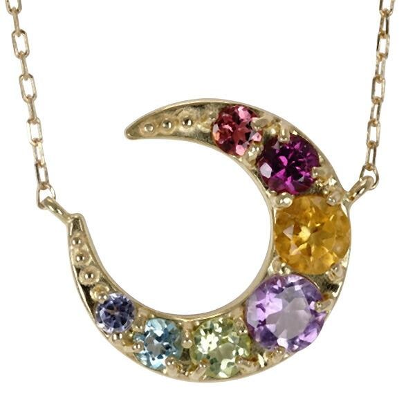 ネックレス マルチカラー アミュレット ムーン 三日月 レインボー 7石 ダイヤモンド 誕生石 天然石 カラーストーン 18金 イエロー ピンク