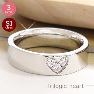 リング 指輪 ハート ダイヤモンド 平打ち スリーストーン 0.1ct 18金 イエロー ピンク ホワイトゴールド 婚約指輪 刻印 レディース