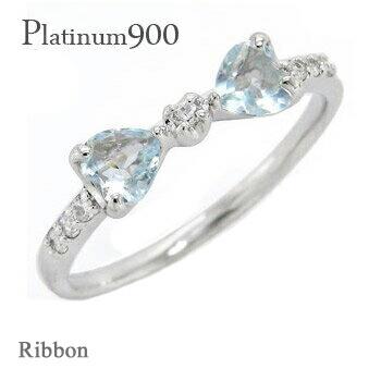 リング リボン アクアマリン 3月誕生石 ダイヤモンド0.08ct プラチナ900 りぼん 指輪 誕生石 レディース ジュエリー アクセサリー