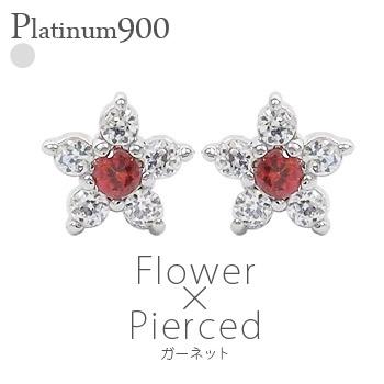 ピアス フラワー ダイヤモンド 0.1ct ガーネット 1月誕生石 花 スタッド プラチナ900 レディース ジュエリー アクセサリー プレゼント