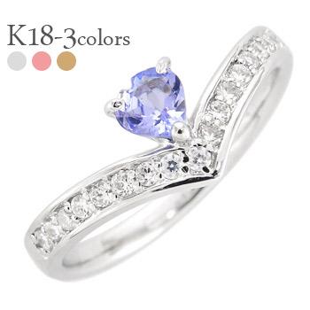 ハーフエタニティリング タンザナイト 12月誕生石 ハート リング ダイヤモンド 0.17ct 18金 イエロー ピンク ホワイトゴールド