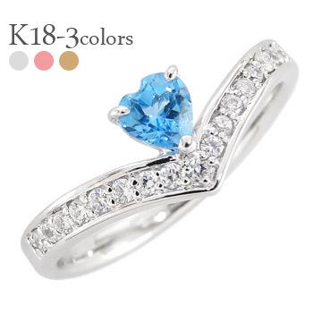 ハーフエタニティリング ブルートパーズ 11月誕生石 ハート リング ダイヤモンド 0.17ct 18金 イエロー ピンク ホワイトゴールド