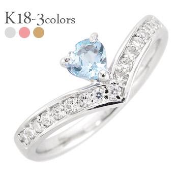 ハーフエタニティリング アクアマリン 3月誕生石 ハート リング ダイヤモンド 0.17ct 18金 イエロー ピンク ホワイトゴールド
