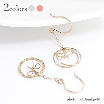 ピアス りぼんフック 18金 14金 k18ピンクゴールド k14ホワイトゴールド 輪 フープ レディース ジュエリー アクセサリー プレゼント