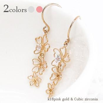 ピアス フラワー フック 3連 キュービックジルコニア 18金 14金 k18ピンクゴールド k14ホワイトゴールド 花 レディース ジュエリー