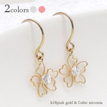 ピアス フラワー フックキュービックジルコニア 18金 14金 k18ピンクゴールド k14ホワイトゴールド 花 レディース ジュエリー