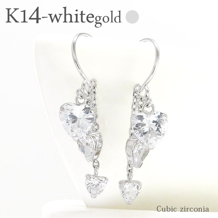 ピアス ハート フック k14ホワイトゴールド キュービックジルコニア トリロジー スリーストーン 14金 レディース ジュエリー アクセサリー