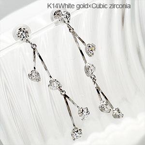 ピアス キュービックジルコニア K14ホワイトゴールド ハート ロング レディース ジュエリー アクセサリー プレゼント ギフト 人気 おすすめ
