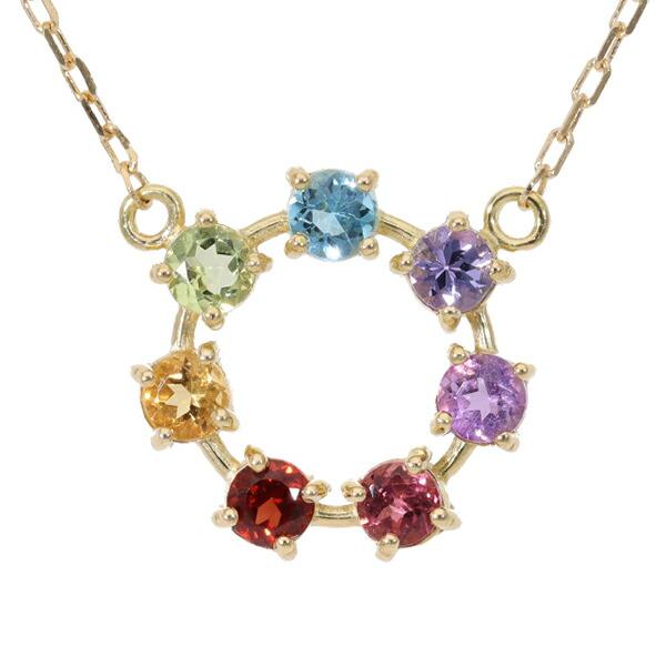 ネックレス アミュレット 18金 K18 18K イエロー ピンク ホワイトゴールド 7色 7石 虹色 お守り 厄除け 女性 レディース プレゼント