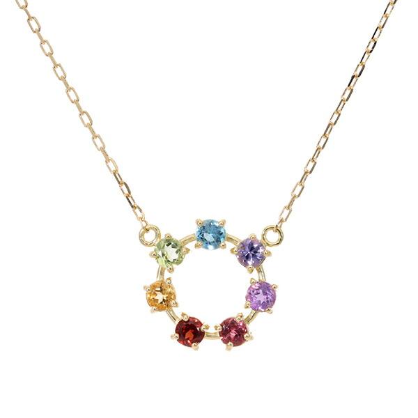 ネックレス アミュレット 18金 K18 18K イエロー ピンク ホワイトゴールド 7色 7石 虹色 お守り 厄除け 女性 レディース プレゼント