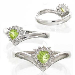 リング 取り巻き 指輪 ハート ペリドット 8月誕生石 ダイヤ 0.12ct V字 Vライン 天然石 k18ホワイトゴールド イエローゴールド