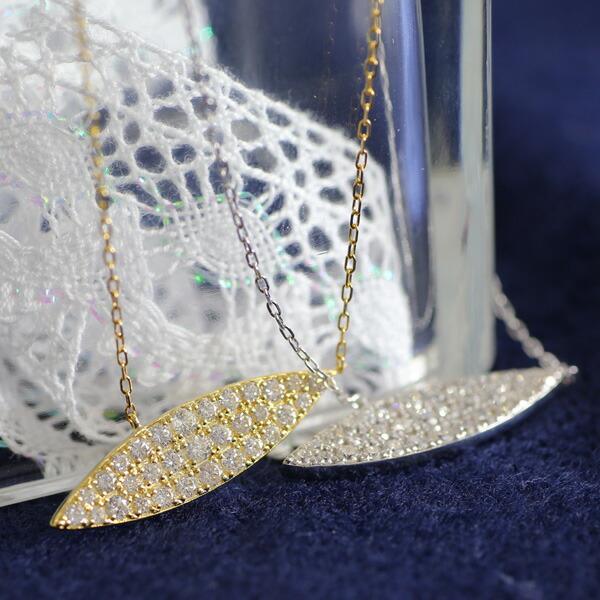 ネックレス パヴェ 18金 18k k18 イエロー ピンク ホワイトゴールド ダイヤ 0.1ct リーフ 葉 ペンダント チェーン レディース