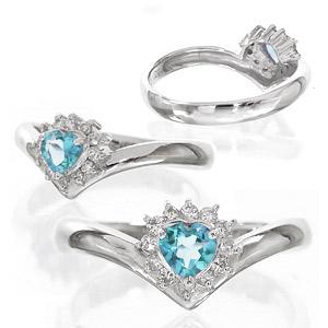 ブルートパーズ、ダイヤ18金ホワイトリングハートリング リング