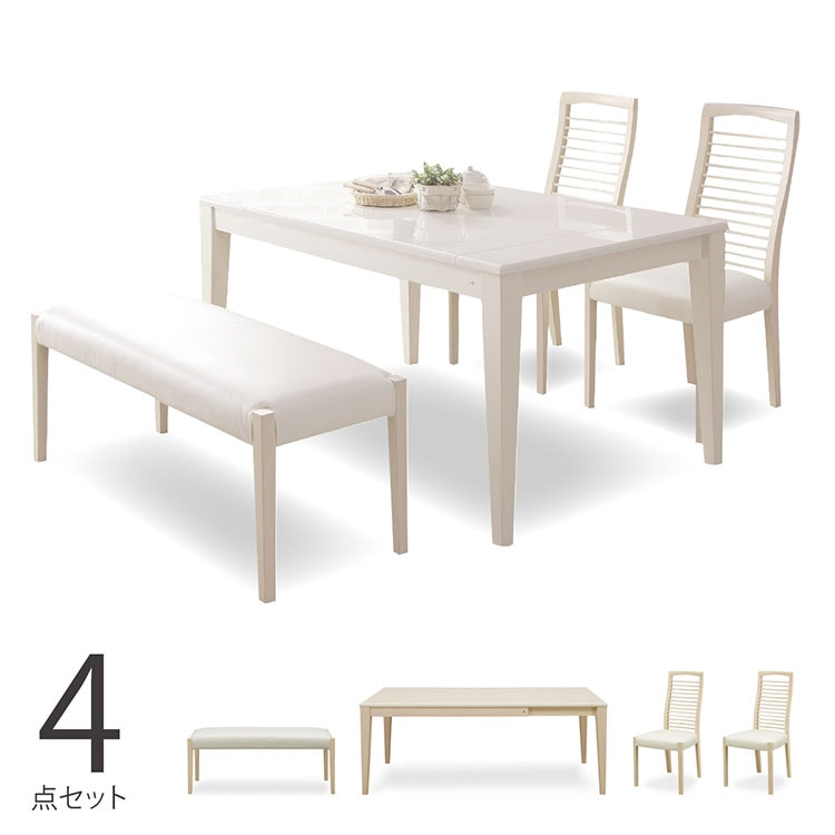 【4点セット】［幅130-180/高さ70］ 伸長テーブル 伸長式 鏡面 白木目 4人掛け ベンチ ダイニングチェア レザー ダイニングセット