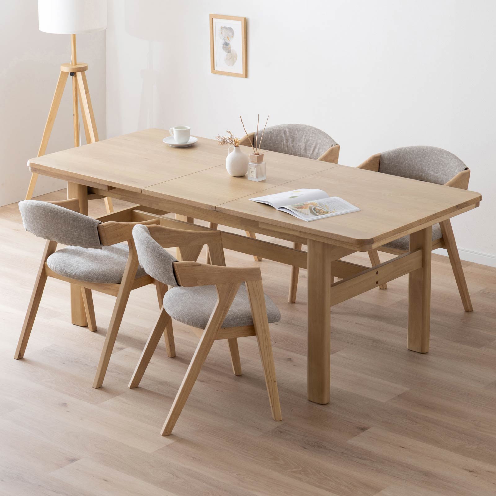 5点セット】［幅145］ 伸長 ダイニングテーブル 4本脚 オーク 無垢材
