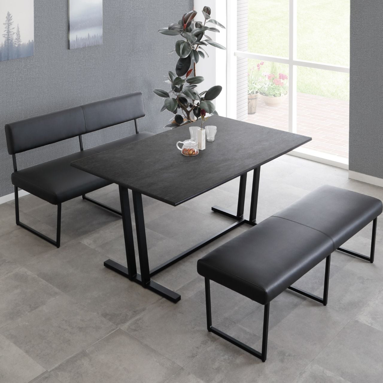 【3点セット】 セラミック ダイニングセット テーブル ベンチ 背付きベンチ 幅150cm の商品画像