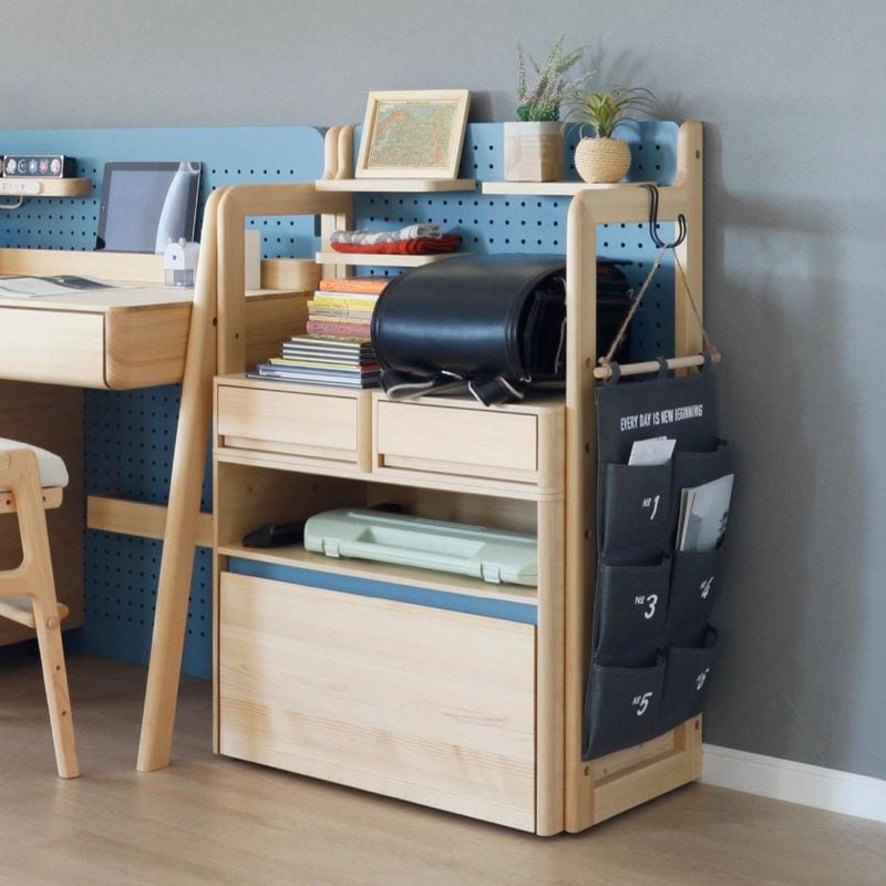 ［幅100］ マルチラック ひのき 机 有孔ボード こども キッズ コンパクト 収納棚 高さ調節 ピンク 水色