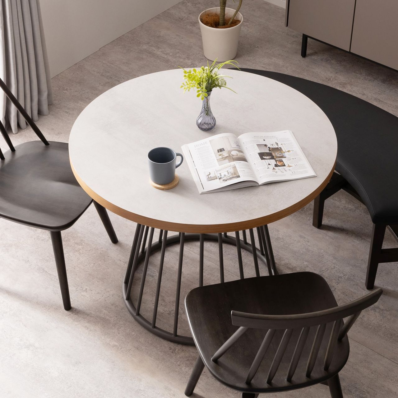 ［幅90/110］ ラジアル ｜ メラミン化粧板 アイアン脚 丸テーブル ダイニングテーブルの商品画像