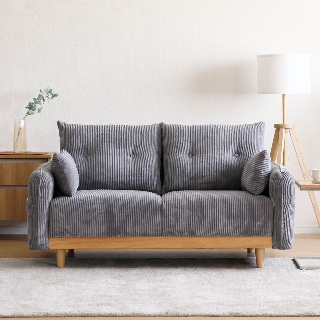 ［幅156］ コーデュロイ 天然木 脚付き 2人掛け ソファ