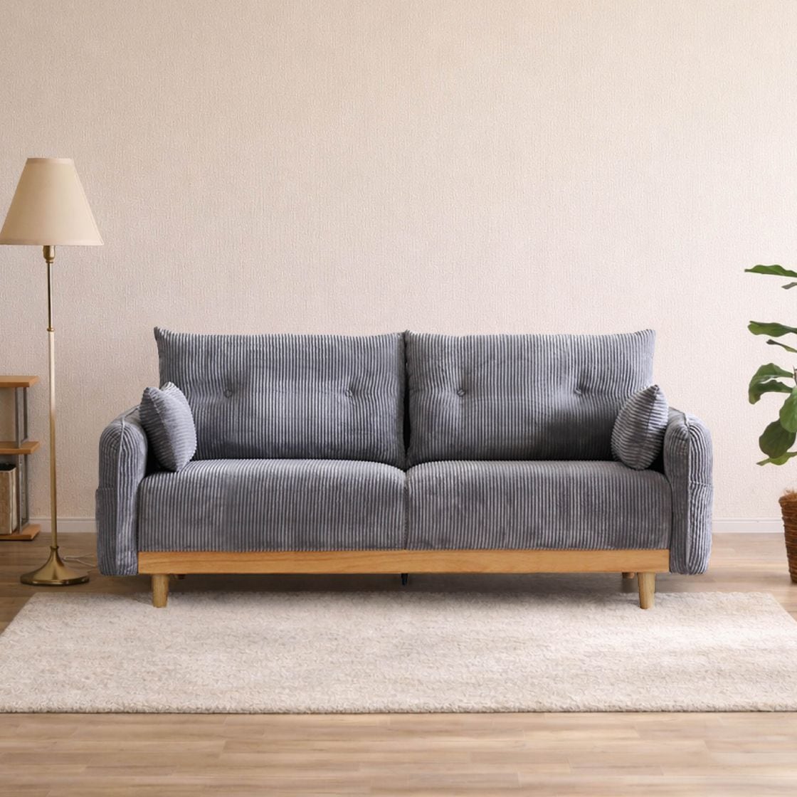 幅196］ コーデュロイ 天然木 脚付き 3人掛け ソファ