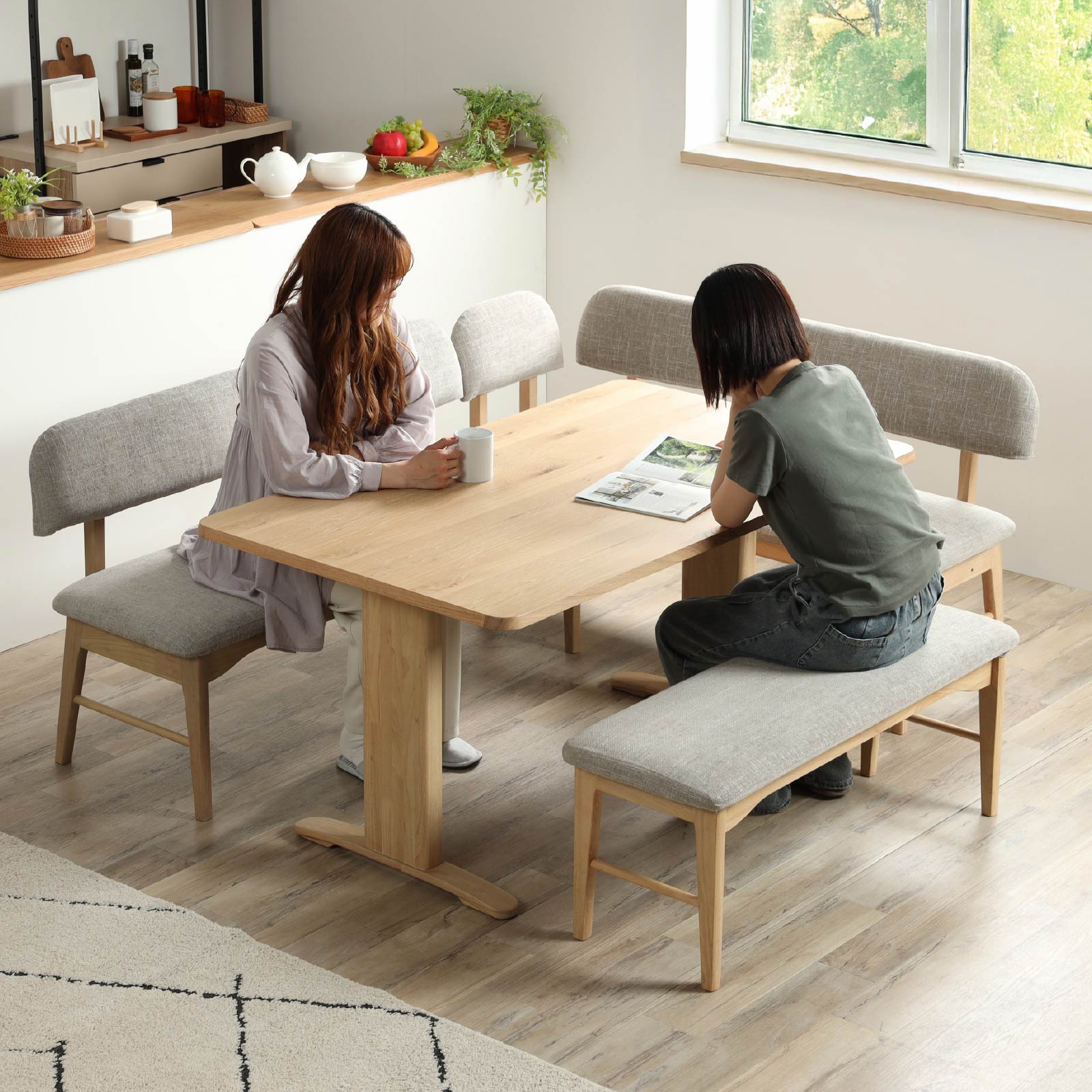 テーブル&ベンチ2脚セット 5点セット】 ダイニングセット テーブル ベンチ 2本脚 オーク 無垢材