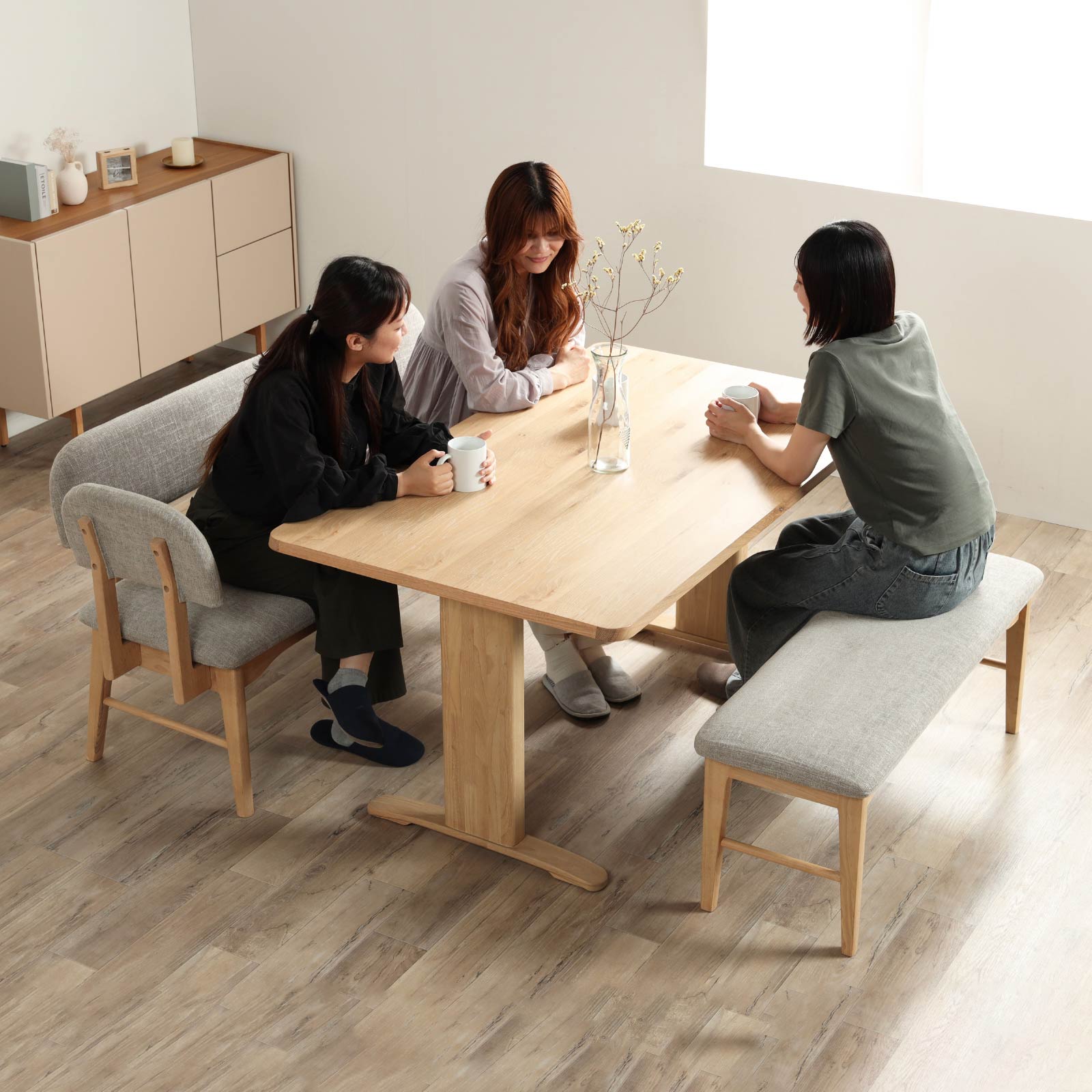 【5点セット】 ダイニングセット 洗えるカバー テーブル ベンチ 2本脚 オーク 無垢材