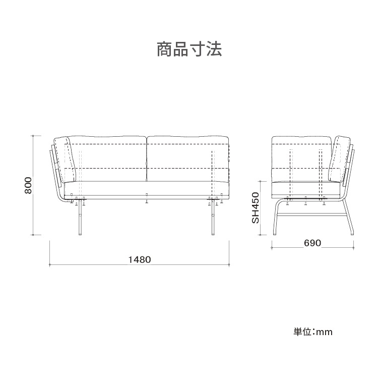 [幅148/座面高45］ カウチ 2人掛け カウチソファ アイアン ウォールナット ファブリック