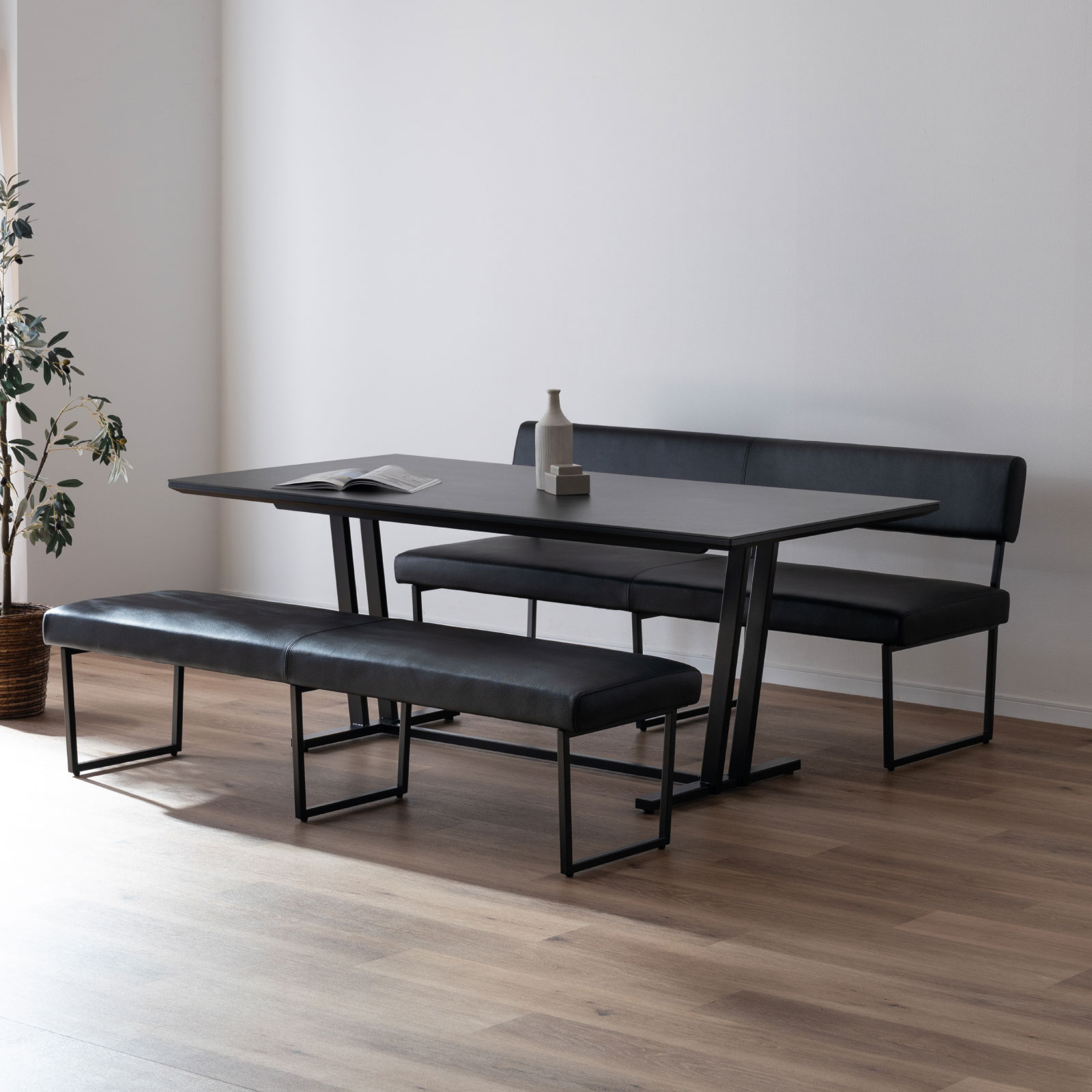 ［幅170］ 背付き ダイニングベンチ PVCレザー アイアン脚 ベンチ