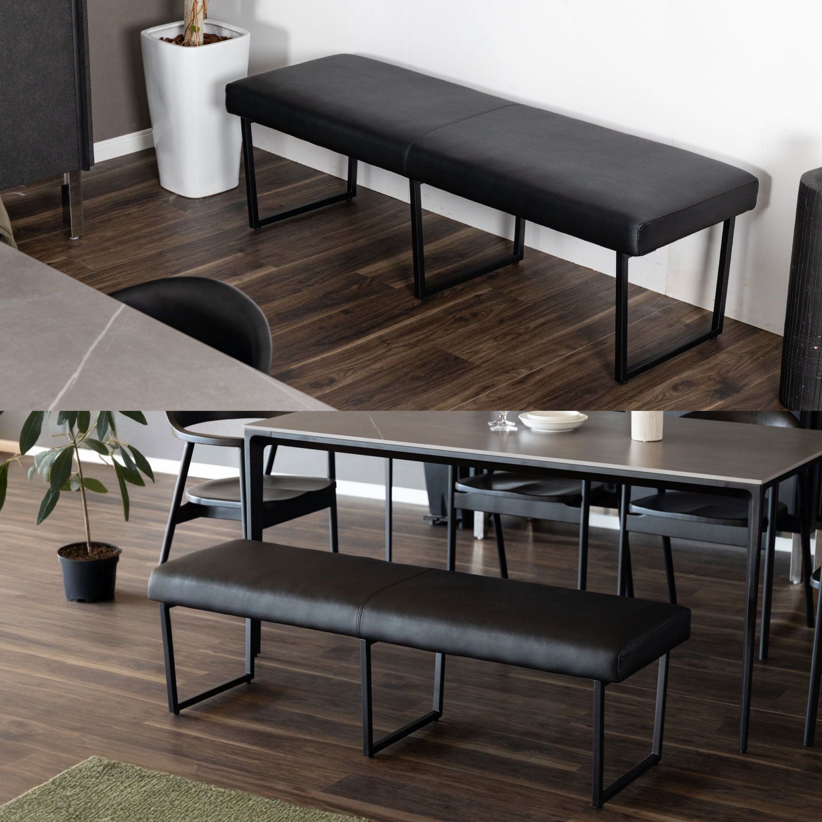 ［幅140］ ダイニングベンチ PVCレザー アイアン脚 ベンチ
