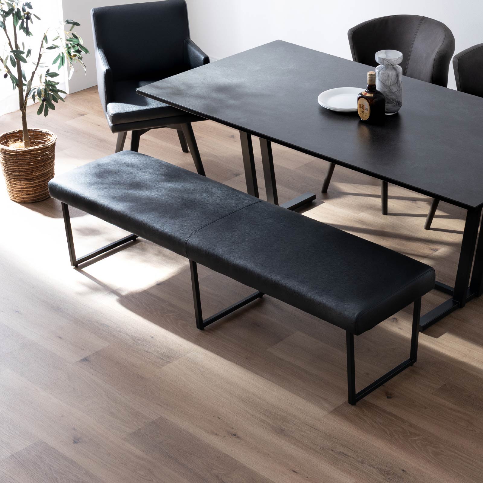 ［幅170］ ダイニングベンチ PVCレザー アイアン脚 ベンチ