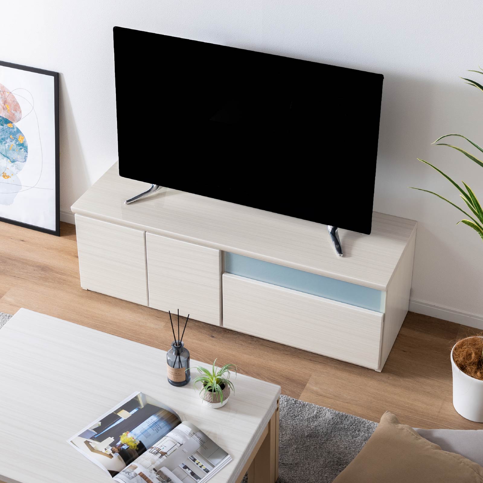 ［幅120］ デミオ ｜ ハイグロス テレビ台 ローボード 白木目