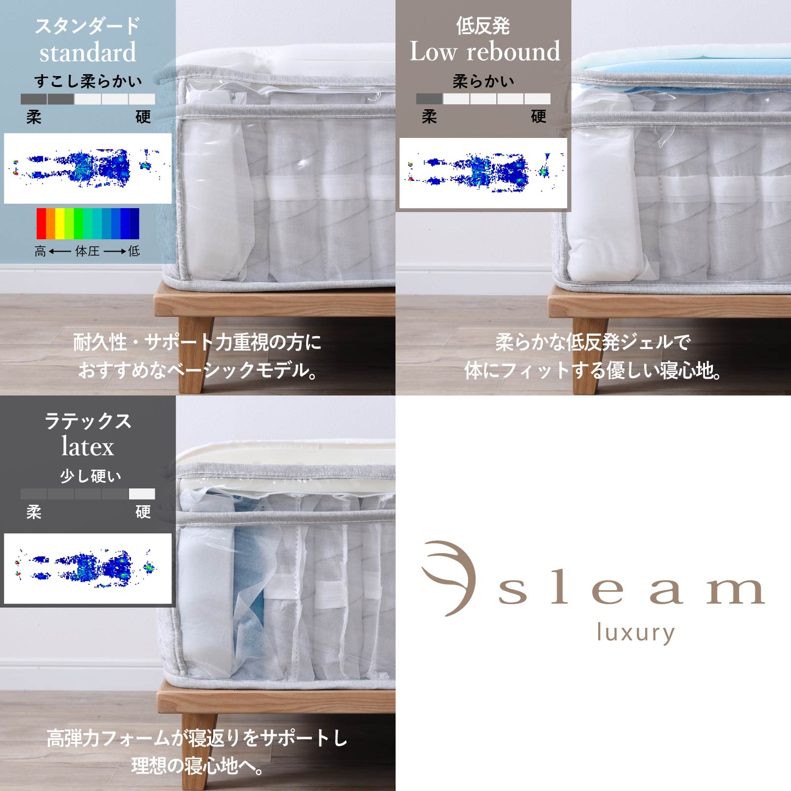 ［S/SD/D］ ラグジュアリー ｜ 低反発ジェル ポケットコイル マットレス sleamシリーズ