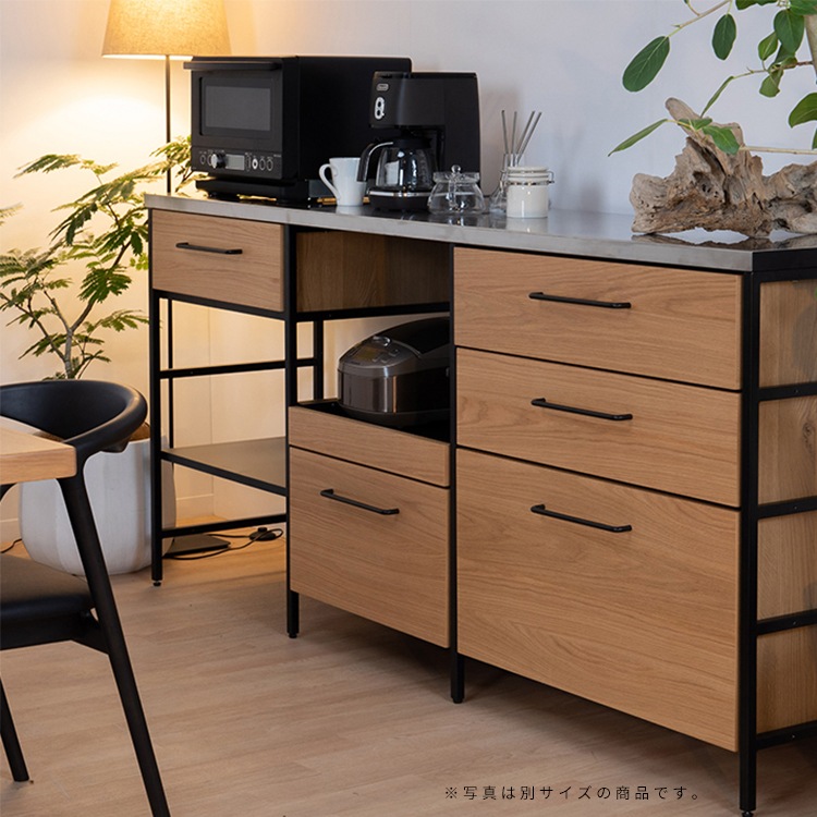 ［123幅］ キッチンカウンター ステンレス アイアン キッチンボード ユニット式 木製 北欧 カップボード ゴミ箱収納 レンジ台 可動棚 フルスライドレール 引出し 123-A