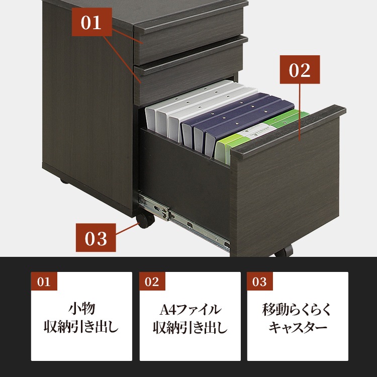 ［幅43］LDD | ワゴン セラミック調 デスクワゴン サイドワゴン キャスター付き 3段 キャビネット サイドチェスト デスクチェスト