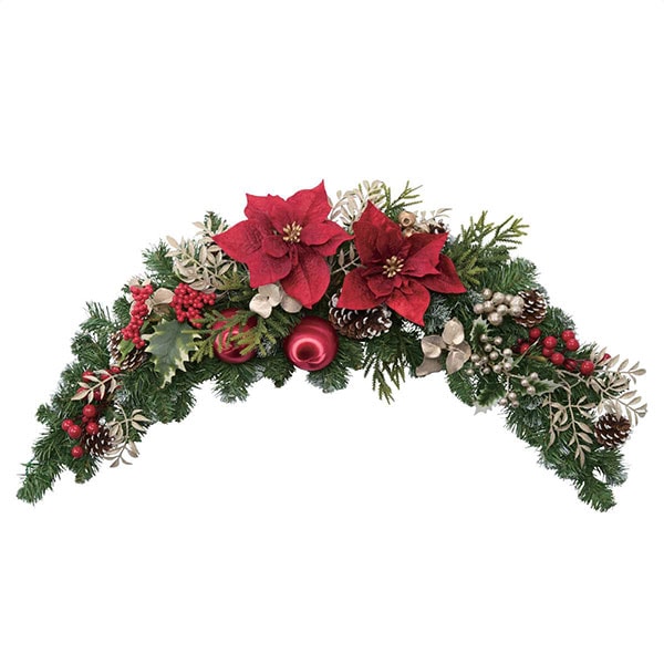 商品名【華】Xmas！♥真っ赤なポインセチアとローズのスワッグリース✳ 冬リース 商品名【華】Xmas！♥真っ赤なポインセチアとローズのスワッグ