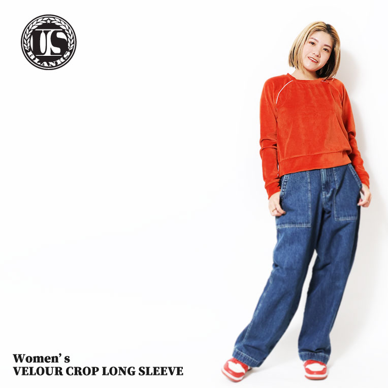 US BLANKS / ユーエスブランクス  U-US538 WOMEN'S VELOUR CROP LONG SLEEVE / ウィメンズベロアクロップ丈長袖スウェット-全4色-