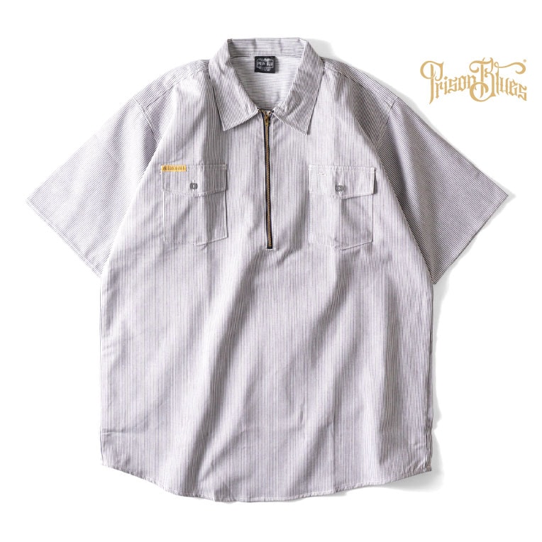 PRISON BLUES / プリズンブルース PRBS406 SHORT SLEEVE HICKORY SHIRTS HALF ZIPPER FRONT / ヒッコリーストライプハーフジップ半袖シャツ -全1色-