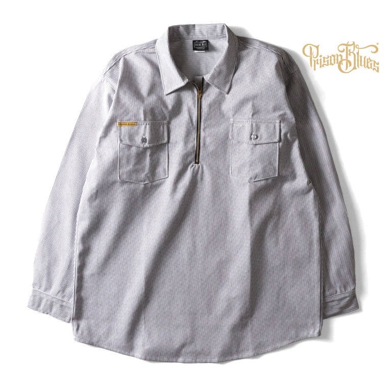 PRISON BLUES / プリズンブルース PRBS402 LONG SLEEVE HICKORY SHIRTS HALF ZIPPER FRONT / ヒッコリーストライプハーフジップ長袖シャツ -全1色- 
