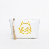 猫刺繍ミニポーチ　ホワイトイエロー