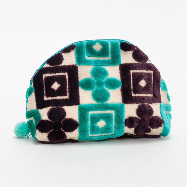 サロン生地ラウンドポーチ　ブルー